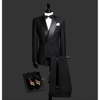 2 gabalas pagal užsakymą pagamintas plonas tinka juodas vyriškas švarkas dvivietis kostiumas vyriškas vestuvinis kostiumas jaunikis smokingai vyrams (švarkas+kelnės+kaklaraištis)