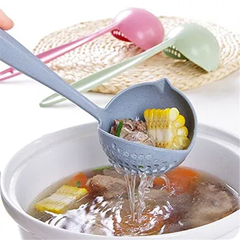 2 In 1 plastikinis kūrybinis kviečių šiaudelių sriubos šaukštas ilgas rankena mieli košės šaukštai su filtru Virtuvės kiaurasamčio įrankiai