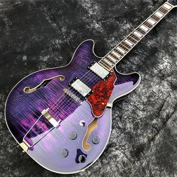 2021 Nauja violetinė liepsna Klevas F skylės Tuščiavidurio kūno elektrinė gitara Džiazas SANDĖLYJE