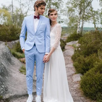 2022 Šviesiai dangaus mėlynumo vyriški kostiumai Notched Lapel Blazers Wedding Male Tuxedo Slim Fit Groom Wear 2 Piece Prom Jacket Pants Set Apranga