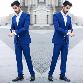 2023 Elegantiški švarko kostiumai vyrams Vestuvinės mėlynos viengubos krūtinės įpjovos atlapai Laisvalaikio drabužiai 2 dalys (švarkas+kelnės) Masculino