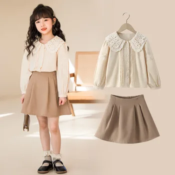 2023 Korėjos pavasario rudens rinkiniai mergaitėms Junior Girl Cardigan Top Paauglių mergaičių trumpas sijonas Vaikų rinkiniai mergaitei 2 vnt