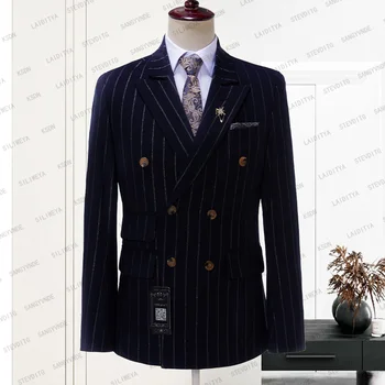 2023 Naujausias tamsiai mėlynas vertikalus juostinis paltas Dizainas Vyriškas kostiumas Siuvinys Smokingas Blazer vestuvių vakarėlio jaunikio kostiumas Homme švarkas