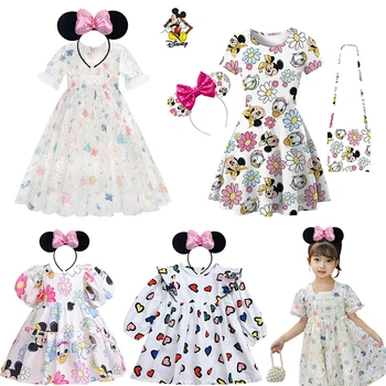2023 Vasaros mergaitės suknelė Mickey Minnie Mouse Daisy animacinis filmas Vaikai Princesės suknelės Mergaitė Pūsta rankovė gimtadienio vakarėliui