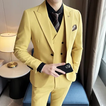 2023Naujos mados vyrų verslas (kostiumas + liemenė + kelnės) madingas ir gražus kostiumas Korėjietiška versija plonas kostiumas trys komplektai