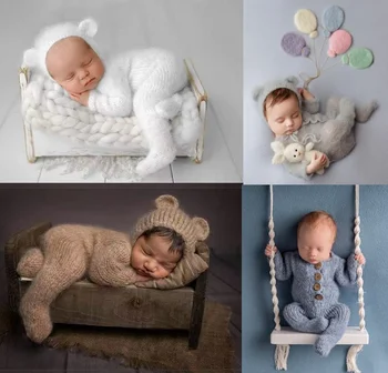 2vnt/komplektas Naujagimio fotografijos rekvizitai Kūdikių kostiumas Romper kombinezonas Nėrimo kepurė Vilna Baby Boy Girl Apranga Baby Animal Photo Prop