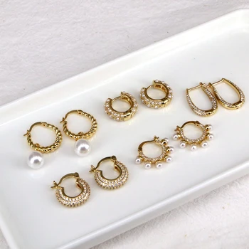5 poros, vintažiniai cirkono apvalaus apskritimo lanko auskarai moterims Auksinis perlo apvalkalas Korėjos mados papuošalai 2023 m Madingi auskarai