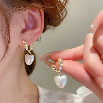 925 Sidabrinės adatos saldaus krištolo širdies auskarai moterų papuošalams 2024 m Madingi nauji prabangūs Korėjos mados perlų lašų auskarai