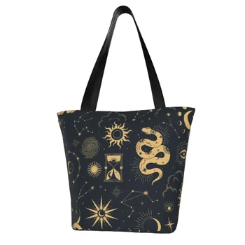 and Moon Retro pirkinių krepšys Astronomija Ragana moteris Madingos rankinės Stilingas audinys Darbo krepšiai Pečių krepšys