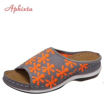 Aphixta Vasaros siuvinėjimo pleištai Kulniukai Sllippers Moteriški audiniai Gėlės Dizainas Skaidrės Sandal Cool Peep Toe Platform Batai