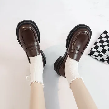 Apvalūs kojų pirštai Retro moteriški batai Oksfordas Britų stilius Rudens laisvalaikio moteriški sportbačiai Juodi butai Moteriška avalynė Loafers su kailiu Al