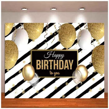 Auksas Su gimtadieniu Vakarėlis Fotografija Fonas Juodos juostelės Blizgantys blizgučiai Suaugusiųjų vakarėlio dekoravimo fonas Auksiniai balionai
