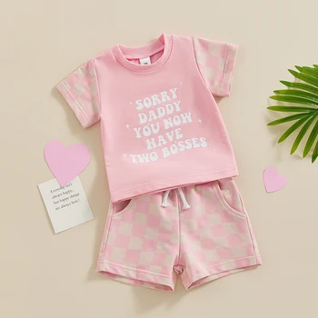 Baby Girls 2 dalių aprangos laiškų pledas spausdinti marškinėliai trumpomis rankovėmis ir elastiniai šortai Rinkinys Mieli vasaros drabužiai