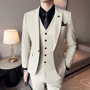 (Blazer+Pants+Vest) Prabangus 3 dalių vyriškas vestuvinis kostiumas Fashion Slim Fit striukė Verslo biuro kostiumų komplektai Didelis dydis 4XL
