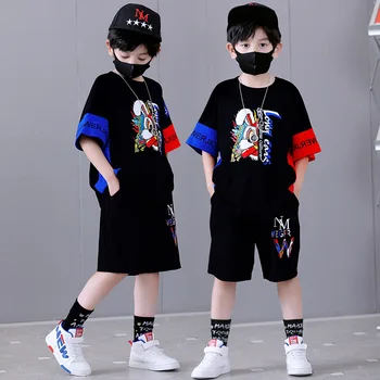 Boys Summer Suit Black Cartoon Kids marškinėliai trumpomis rankovėmis +šortai 2vnt sportinė laisvalaikio apranga paauglių berniukų drabužių komplektams