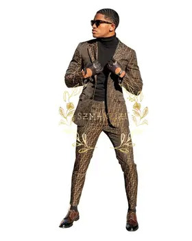 Brown Slim Fit Vyriški kostiumai Notched Lapel Kostiumas Homme Wedding Tuxedo Terno Masculino Blazer 2PCS Vyriškas mados rinkinys Švarko kelnės