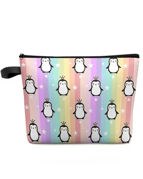 Cartoon Animal Penguin Stars Rainbow Stripes Makeup Bag Pouch Women Essentials Cosmetic Bags Organizer Storage Pencil Case