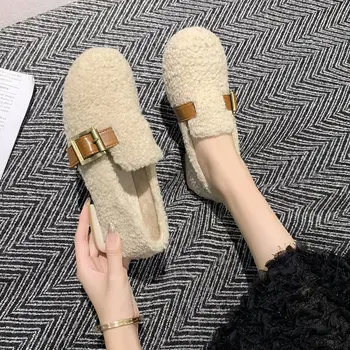 Casual Woman Shoe Round Toe Loafers Fur Mixed Colors Low Heels Autumn Moccasin Winter On Heels New Fall Slip-On Flock Rubber Le
