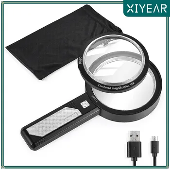 Didinamasis stiklas su šviesa USB įkraunamas 5X 10X 15X Rankinis didinamojo stiklo dvigubas objektyvas 8 šviesos didintuvas skaitymui