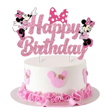 Disney Minnie pelės tortas Topper Glitter Pink Happy Birthday Tort Dekoro vakarėlis Vaikų gimtadienio kūdikių dušo dekoracijos