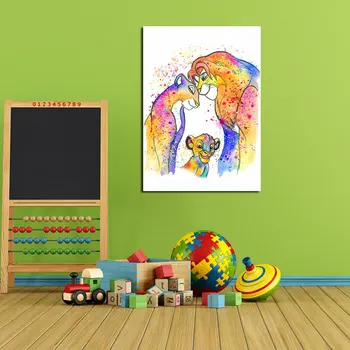 Disney The Lion King Moive Akvarelės spausdinimas Drobė Tapyba Liūtas Šeimos plakatas ir spausdintas sienų meno paveikslas vaikams Kambario dekoras