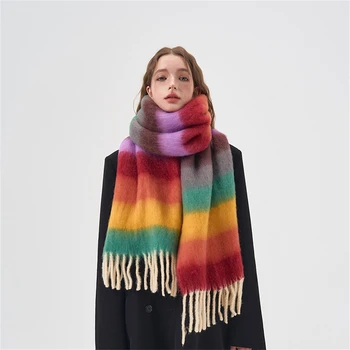 Fashion Multicolor Stripe Scarf Winter Warm Knitted Scarf Luxury Design Moteriški šalikai Lengvas kaklo įvyniojimas Šilta darbo vietos suknelė