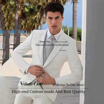 Fashion White Vyriški kostiumai Peaked Lapel One Button Groom Wedding Tuxedos 2 Pieces Sets Male Prom Blazers Slim Fit Terno Masculino