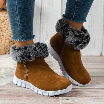 Fuzzy sniego batai moterims Žieminiai šilti moteriški batai Minkšti neslystantys butai Britų stiliaus moteriški kulkšnies batai Laisvalaikio zomšiniai užtrauktukai