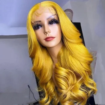 Geltona spalva Minkšta 26Inch ilgio kūno banga be klijų 180% tankis Gilus nėrinių priekinis perukas moterims Babyhair Preplucked Daily Cosplay