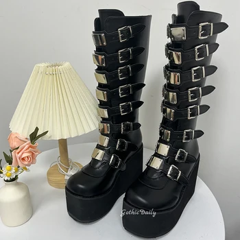 Gothic Daily Platform Knee High Boots Women Black Punk Shoes Buckle Motociklų batai 2024 Nauji Helovino Cosplay moteriški batai