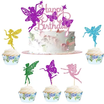 Gėlių fėja Su gimtadieniu Tortas Topper Vėliavos Spalvingos elfų mergaitės vaikų gimtadienio vakarėlio tortas Kepimo dekoro namų reikmenys 