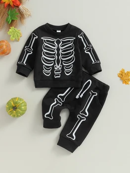 Helovino kostiumų rinkinys kūdikiams berniukams ir mergaitėms - skeleto atspaudo megztinis su derančiomis kelnėmis tobulas kritimas ir