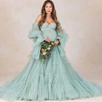 Iliuzija Fėja Motinystės fotografija moterims Elegantiška imperija Kūdikių dušas Mielaširdingos nuimamos rankovės Nėštumo vestuvinė suknelė