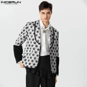 INCERUN Tops 2023 m. amerikietiško stiliaus vyrai juokingos žvaigždės atspausdinti patchwork pliušiniai rankogaliai dizaino kostiumas stilingas klubinis drabužis karštas išpardavimas Blazer S-5XL