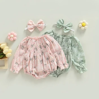 Infant Baby Girls Romper Headband Ruffles Long Sleeve Off Shoulder Floral Printed Jumpsuit Apranga Kūdikių drabužiai 0-24M
