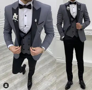 Itališkas pilkas kostiumas Slim Fit Vyriški kostiumai Juodos kelnės Slim Fit Jaunikis Smokingai oficialiam vestuviniam kostiumui Švarkas Kelnės Liemenė 3 Dalių švarkas