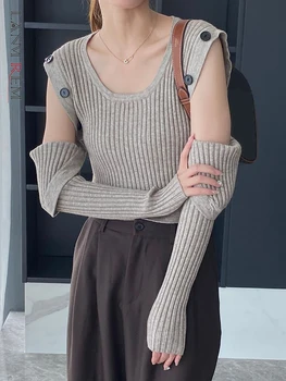 LANMREM Madingas mezgimo megztinis moterims Apvalus kaklas Dizainerio mygtukas nuo pečių ilgomis rankovėmis Kietos viršūnės 2023 Ruduo 2AA1016