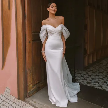 Memraid vestuvinės suknelės 2023 m. Nuotakos suknelė be nugaros su traukiniu nuo peties Vestuviniai chalatai pritaikomi pagal priemones Chalatas Mariee
