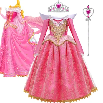 Mergaitės Miegančioji gražuolė Aurora Cosplay suknelė ilgomis rankovėmis nuo pečių Drabužiai vaikams Helovinas Puošni suknelė Vakarėlis Prom Gonw 4-10T