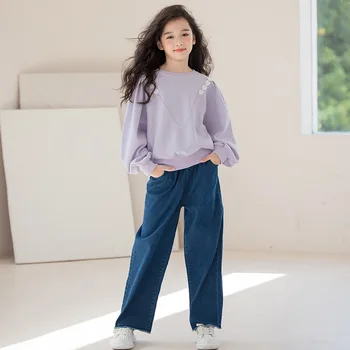 Mergaičių džinsų komplektas 2024 m. pavasaris Naujas 4-12 metų paauglių vaikų drabužis Džemperis Plačios kojos džinsai Laisvalaikio dviejų dalių vaikų apranga