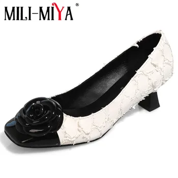 MILI-MIYA Atvykėlis Mišrios spalvos moterys Karvės oda Siurbliai Gėlės Stori kulniukai Apvalus pirštų slydimas Ant biuro ir karjeros batų