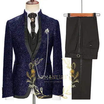 Naujausias palto kelnių dizainas Navy Blue Shiny Vyriškas kostiumas Prom Tuxedo Slim Fit 3 dalių jaunikio vestuviniai kostiumai vyrams Blazer Terno Masuclino