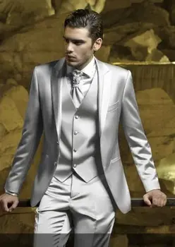 Naujausias palto kelnių dizainas Sidabrinis pilkas satino vyriškas kostiumas Slim Fit Skinny Simple Stage Prom Apranga Custom Blazer Men 3 Piece Terno