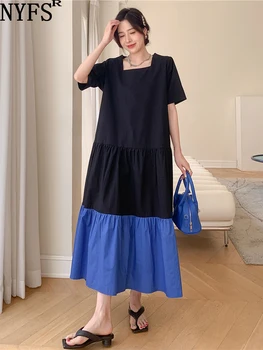 NYFS 2023 Summer New Korea Patchwork Moteriška suknelė Vestidos chalatas Ete Femme Elbise Loose Plus Size suknelės ilgomis rankovėmis