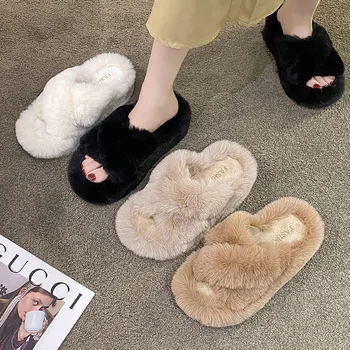 Pliušinės moteriškos šlepetės Naujos 2024 m. rudens žiemos vidaus lauko šiluma Korėjietiškas leidimas Storas padas Medvilninės šlepetės Laisvalaikio plokšti batai