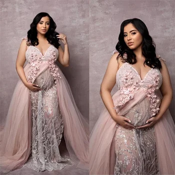 Prabangios motinystės suknelės fotosesijai Chalatas 3D gėlių aplikacija nėrinių viršutinis sijonas kūdikio dušas nėščia pagal užsakymą pagaminta prom suknelė