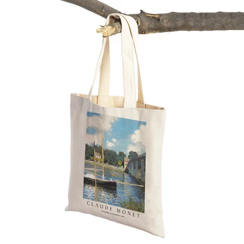 Retro Claude Monet Sea Abstract Landscape Shopper Bag Both Side Supermarket Tote Handbag Casual Women Shopping Shoulder Bags