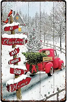 retro skardos ženklų plokštelė: visi keliai veda namo per Kalėdas, geležies tapyba namams, kavinės ir viešbučiai, logotipo dovanos, puikus sienų dekoras