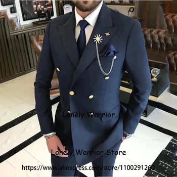 Royal Blue/Navy Blue Suits For Mens Doubleed Business Blazer Hombre Slim Fit Banqut 2 Piece Kostiumas Homme Jacket Kelnės