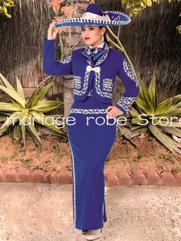Royal Blue traje Charro Undinėlės vakarinės suknelės ilgomis rankovėmis Švarko siuvinėjimas Gėlių Mariachi Prom suknelė vestidos para mujer